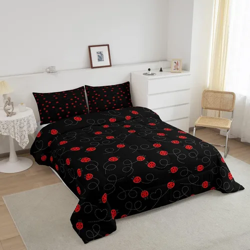 Miniatura 2 de jejeloiu Lindo juego de edredón de mariquita roja de dibujos animados, juego de ropa de cama para niños y niñas, decoración de animales kawaii