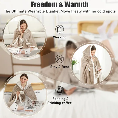 Miniatura 7 de COZYTY Manta eléctrica de chal con calefacción, envoltura térmica con bolsillos, 6 ajustes de calor y temporizador de apagado automático de 1-4