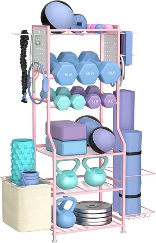 Estante para mancuernas, almacenamiento de gimnasio en casa para pesas rusas, esterilla de yoga y equipo de entrenamiento de fuerza, estante de Rosa