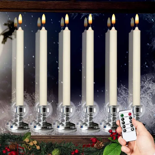 Wondise Velas de ventana sin llama con control remoto y temporizador, 10 pulgadas, funciona con pilas, mecha 3D LED parpadeante, vela cónica