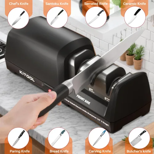 Miniatura 7 de Afilador de cuchillos eléctrico, afilador de 3 etapas de doble cara con abrasivos 100% de diamante, bajo ruido y control inteligente de temperatura
