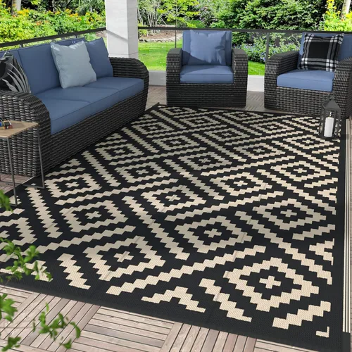 Miniatura 60 de GENIMO Alfombra de exterior impermeable de 5 x 8 pies, alfombras reversibles, alfombra de área, alfombra de plástico para exteriores, alfombra Negro