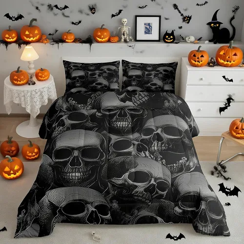 Miniatura 26 de Juego de edredón de calabaza para niños, con estampado de calabaza, estilo Halloween, juego de ropa de cama para niños, juego de ropa de cama