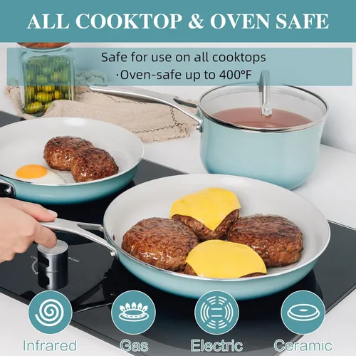 Miniatura 5 de ONGIFT Juego de ollas y sartenes de cocina antiadherente, juego de 11 piezas de utensilios de cocina de cerámica con mango que se mantiene fresco