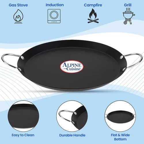 Miniatura 6 de Alpine Cuisine Plancha redonda antiadherente de 11 pulgadas, parrilla de acero al carbono negro con doble asa, duradera, resistente para cocinar