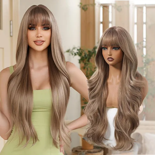 Miniatura 14 de Allbell Pelucas negras onduladas con flequillo para mujer, peluca larga y rizada negra con flequillo, peluca sintética negro con flequillo grueso