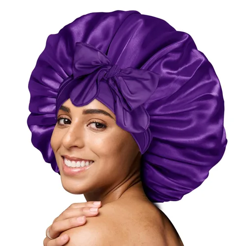 Miniatura 19 de Gorro de satén de seda para dormir con banda ancha para cabello rizado, color rosado oro rosa claro