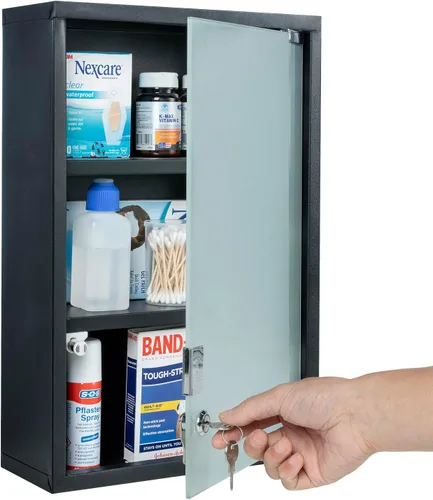 MyGift Gabinete negro de la medicina del cuarto de baño, gabinete de almacenamiento montado en la pared del metal con 3 estantes, cerrando las
