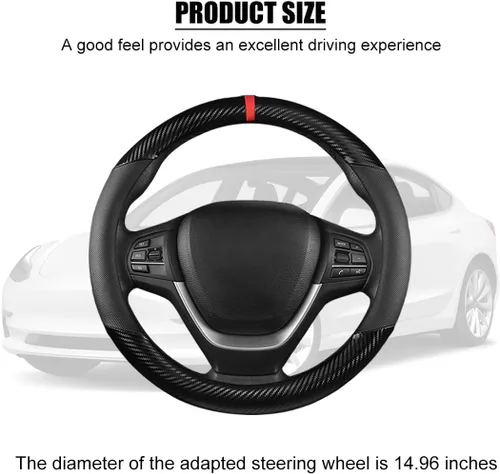 Miniatura 2 de Funda para volante de automóvil, protector de volante de vehículo de fibra de carbono de 14.5 a 15 pulgadas con forro antideslizante, accesorios