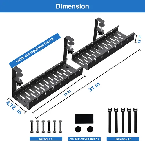 Miniatura 4 de Sin Perforación Extensible para Gestión de Cables Debajo del Escritorio, Bandeja de Gestión de Cables de Metal Debajo del Escritorio con Abrazadera