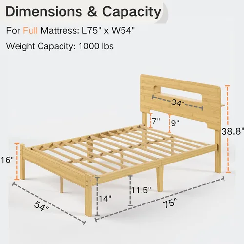 Miniatura 2 de Base de cama de tamaño matrimonial de 14 pulgadas de bambú con cabecera de almacenamiento, marcos de cama sólidos, soporte de listones de metal