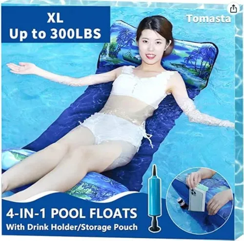 Hamaca de piscina, hamaca de agua inflable para adultos, malla de tela flotante de hasta 300 libras resistente, flotador de lago XL con bolsa para