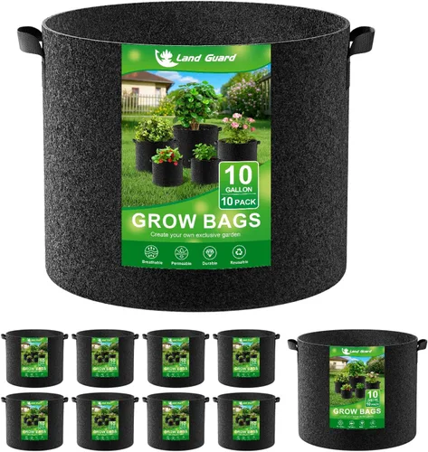 Land Guard Paquete de 10 bolsas de cultivo de tela de 10 galones, macetas de jardín no tejidas gruesas, bolsas de cultivo con asas, color negro
