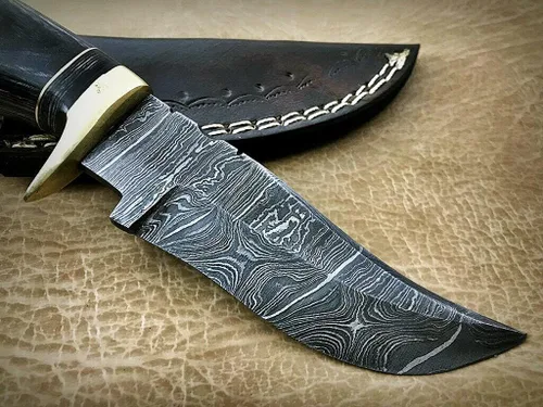 Miniatura 4 de Cuchillo de hoja fija de acero de Damasco con funda de cuero, escala de madera redonda con protector de dedo de latón y tapa, cuchillo de piel de 8