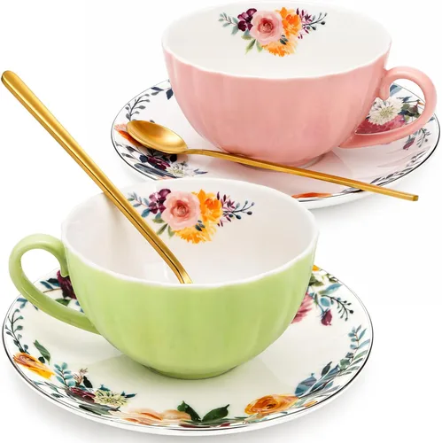 Lyellfe Juego de 2 tazas de té y platillos, tazas de té florales de 8 onzas con cuchara, tazas de café británicas de porcelana para fiestas,