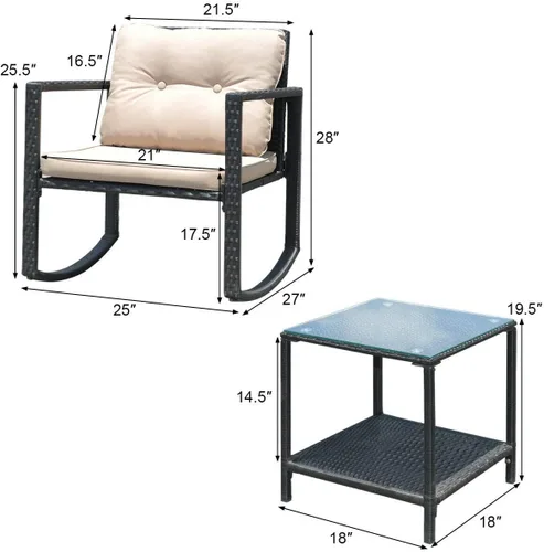 Miniatura 4 de Tangkula Juego de 3 mecedoras de mimbre para patio, mecedoras al aire libre y mesa con cojines, mesa de centro de cristal con estante de Beige