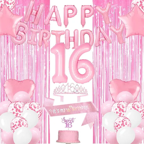 Decoraciones de fiesta de los Dulces 16 en rosa, decoración de cumpleaños número 16 para niñas, pancarta de feliz cumpleaños, banda y corona, globo