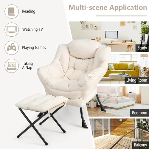 Miniatura 8 de Giantex Silla perezosa con otomana, sofá decorativo con reposapiés plegable, bolsillo de almacenamiento lateral, sillón tapizado de ocio con Beige