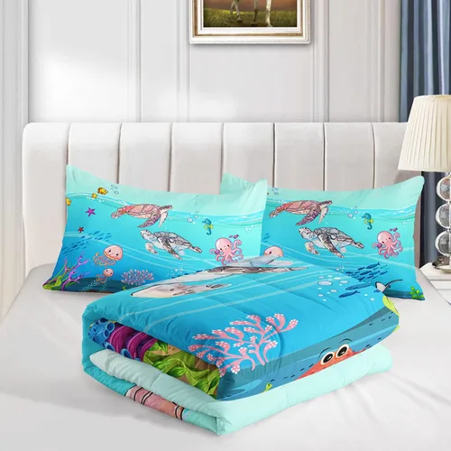 Miniatura 7 de Juego de edredón de tortuga con aguada oceánica, juego de ropa de cama de tortuga para cama individual, juego de cama con peces tropicales y vida