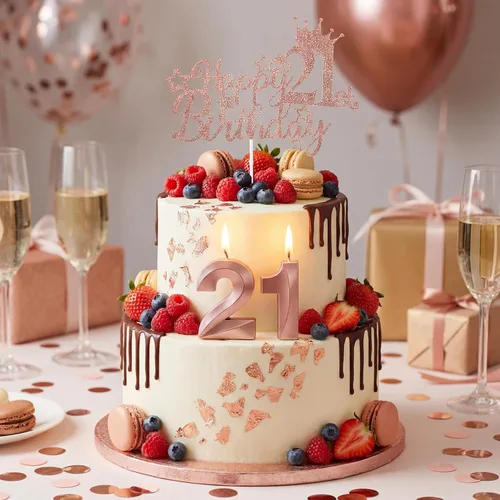 Miniatura 5 de Decoraciones de cumpleaños número 21 para ella: banda de oro rosa, corona, adorno de pastel, velas digitales, juego de globos, tarjeta de cumpleaños