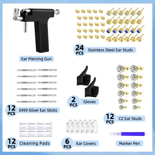 Miniatura 2 de Kit de Pistola Perforadora de Orejas Automática con 18 Pares de Aretes de Circonia Cúbica, Herramientas de Perforación con Pistola Multiusos