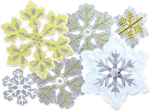 Grelucgo Juego de 4 manteles individuales bordados a máquina y cortados a mano con copos de nieve de invierno plateados y dorados para Navidad (13 x