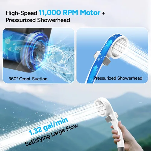 Miniatura 2 de DR.PREPARE Ducha portátil, bombas de ducha dobles para campamento, 2 × 5000 mAh, motor de 11,000 rpm, flujo de 1.32 galones/min, boquilla