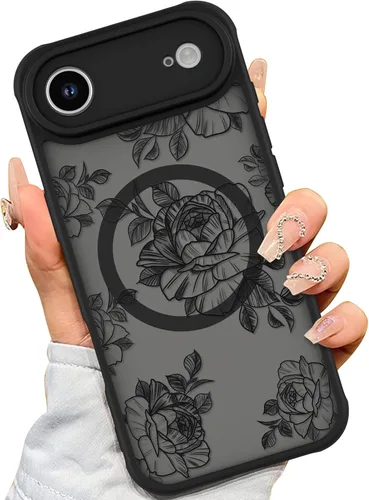 Miniatura 8 de AIGOMARA Funda para iPhone 13 Pro Max [compatible con MagSafe] Diseño de patrón floral de flores negras para mujeres y niñas, TPU suave, parte