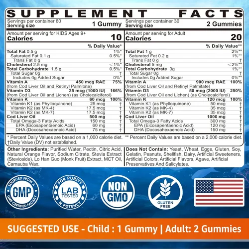 Miniatura 2 de Gomitas de aceite de hígado de bacalao de 1000 mg para niños y adultos, con Omega 3 (EPA y DHA), vitaminas A, D3 y K2, aceite de hígado de bacalao
