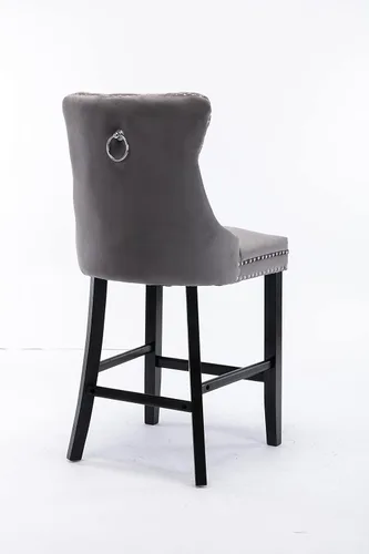 Miniatura 6 de Juego de 2 taburetes de bar de altura de mostrador, sillas de comedor tapizadas de terciopelo con ribete de cabeza de clavo, patas de madera, Gris