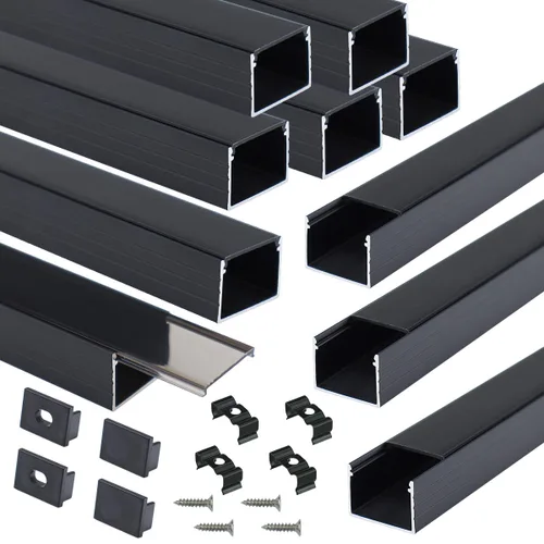 Miniatura 11 de Muzata Paquete de 10 unidades de 6.6 pies/6.6 ft con sistema de canal LED negro en forma de U con cubierta de difusor blanco lechoso esmerilado
