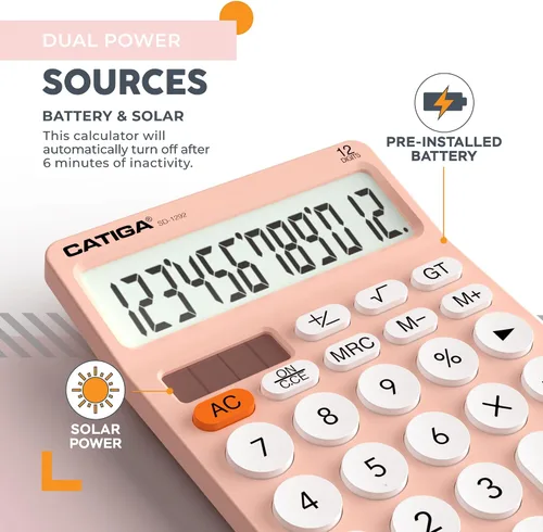 Miniatura 4 de CATIGA Calculadora de escritorio de 12 dígitos Calculadora de escritorio básica con pantalla LCD grande, botones grandes, 4 funciones, energía solar
