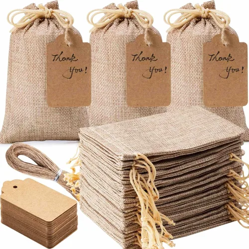 Homum 100 bolsas de regalo de arpillera con cordón, etiquetas de regalo y cuerda, bolsas de arpillera de 4 x 6 pulgadas, bolsas de joyería de lino