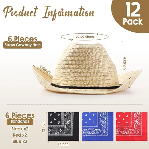Miniatura 2 de Unittype Juego de 6 sombreros de vaquero de paja con bandanas, paquete de accesorios de fiesta de vaquero, disfraz clásico de sombrero de vaquero