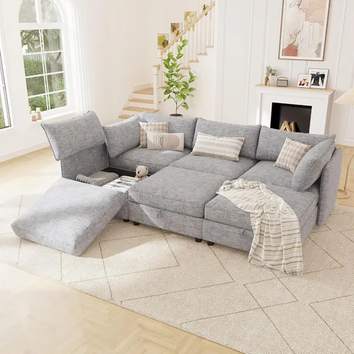 Miniatura 17 de 95.5" Sofá seccional modular de chenilla con almacenamiento oculto, sofá cama convertible en forma de L y U, sofá seccional moderno de 6 plazas
