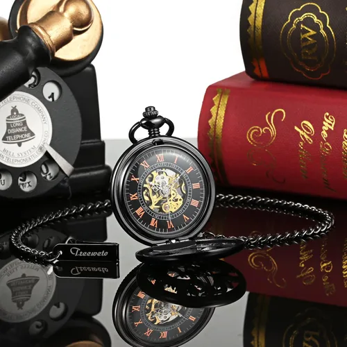 Miniatura 5 de Reloj de bolsillo mecánico de esqueleto para hombre, diseño de dragón fénix, caja negra con cadena + caja de regalo para hombre, Negro -, Mecánico