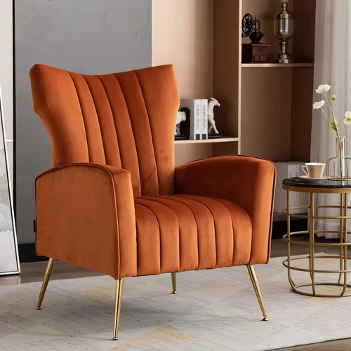 Miniatura 10 de Silla decorativa curvada copetuda con patas de metal doradas de terciopelo tapizado con brazo tapizado para club, ocio, silla moderna para sala