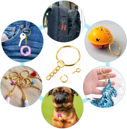 Miniatura 2 de PAXCOO - Kit de anillos para manualidades dorados, incluye 100 llaveros divididos con cadena, 100 anillos de salto y 100 pines de ojo de tornillo
