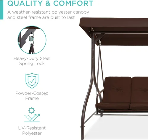 Miniatura 3 de Best Choice Products Columpio Deslizante con Toldo Convertible Grande de 3 Asientos para Exteriores, Hamaca de Patio, Silla de Descanso para Porche