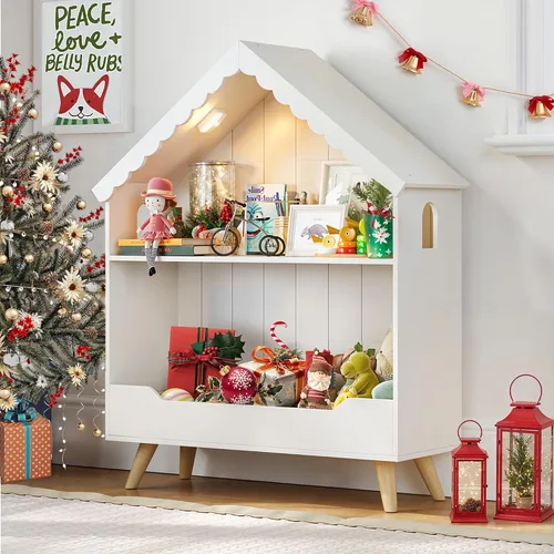 Miniatura 6 de Curipeer Estantería para casa de muñecas para niños, estantería de madera con luz activada por movimiento, organizador abierto de 2 niveles