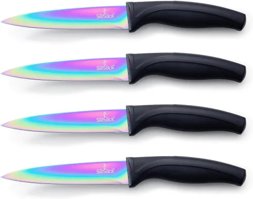 Miniatura 16 de SiliSlick Juego de cuchillos para carne de acero inoxidable, cuchillos de cocina coloridos con revestimiento de titanio con borde recto, suave