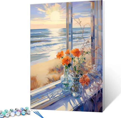 Miniatura 27 de Kit de pintura al óleo para ventana de playa, paisaje, por números, 16 x 20 pulgadas, lienzo, flores, paisaje, bricolaje, pintura al óleo para Pbn