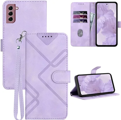 Miniatura 9 de Funda para Galaxy S21, tarjetero, correa para la muñeca, soporte, cierre magnético, funda con patrón de piel sintética, protección a prueba de Azul