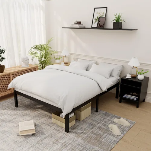 Miniatura 16 de Marco de cama de bambú tamaño completo con plataforma de madera sólida estable con listones antideslizantes, soporte para cama alta, no necesita
