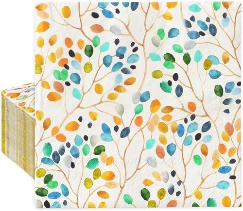 AnyDesign 100 servilletas de papel de hojas coloridas, ramas de hojas de acuarela, servilletas desechables para almuerzo, postre, cena, servilletas
