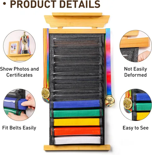 Miniatura 3 de Tilhumt 10/12 Belts Karate Belt Display Rack with Photo Shelf, Felt Taekwondo Belt Display Rack Martial Arts Belt Display for Adults TKD, BJJ Bambú