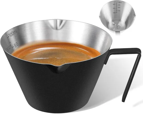 Miniatura 17 de 2 piezas de tazas de espresso de acero inoxidable con asa, taza medidora de metal de doble boquilla con doble escala, taza de espresso con boca