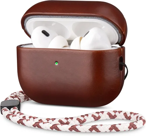 Miniatura 22 de Maogoam Funda de cuero genuino para AirPods Pro 2, botón de sincronización, diseño de clip en D con cordón de mano, funda de cuero encerado