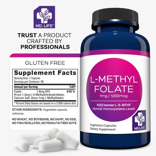 Miniatura 6 de MD Life L-metilfolato de 1 mg - Suplemento activo de L-metilfolato de grado profesional - 90 cápsulas - Suplementos MTHFR de máxima potencia - L