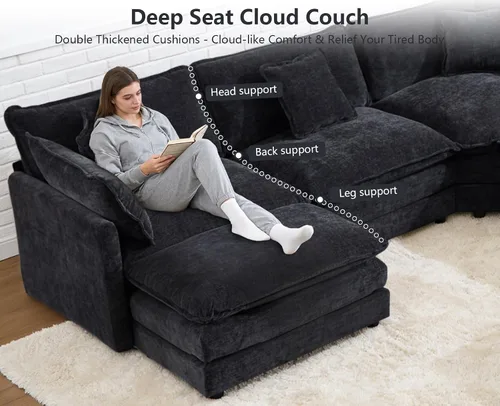 Miniatura 4 de Sofá modular Cloud seccional, moderno sofá modular en forma de L de felpilla con otomana y almohadas, sofás esquineros de asiento profundo de 5 Negro